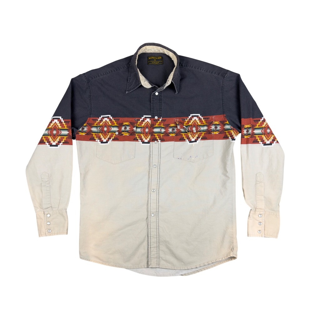 Vtg 90s Wrangler Rustler Pearl Snap Shirt Mens M Southwestern Aztec Western